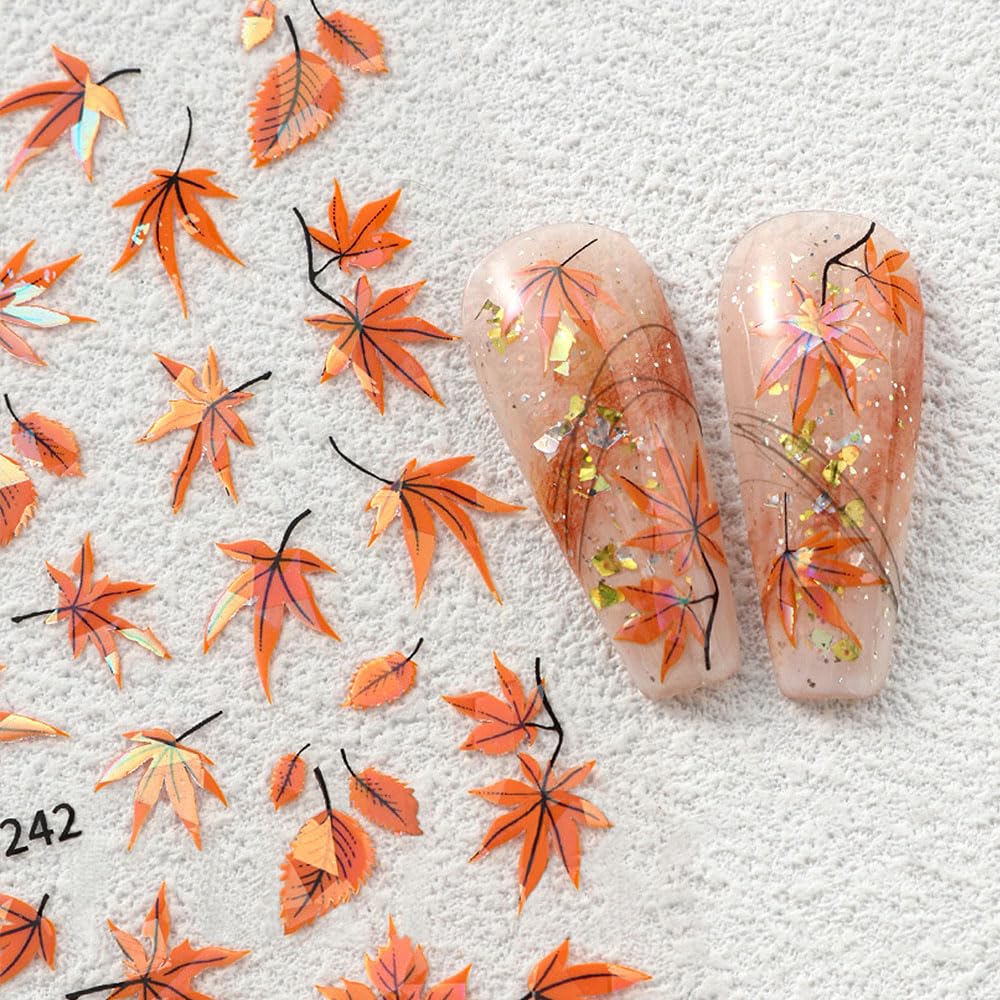 4-Sheet 3D Maple Leaves Nail Art Stickers - Fall Leaves & Maple Leaf Designs - Thanksgiving & Autumn Themed Nail Decals