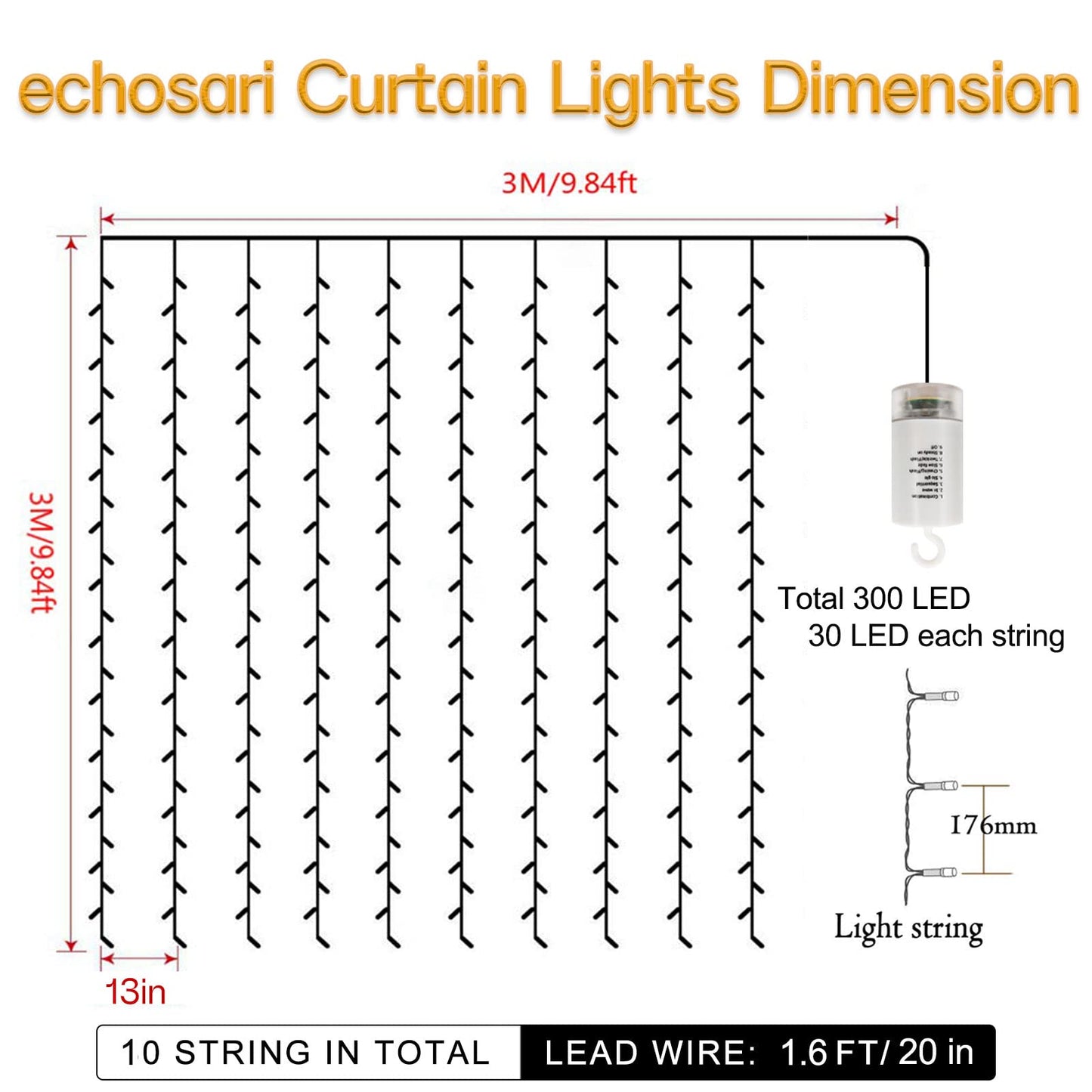 Echosari 300 Led Curtain Lights, 9.8Ft×9.8Ft, Battery Operated, Warm White, Remote Timer For Bedroom, Patio, Wedding Decor