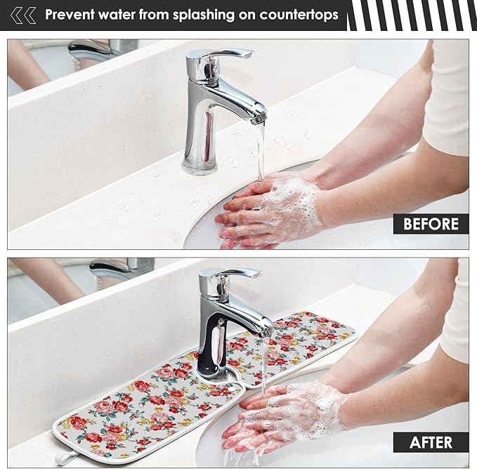 Kitchen Faucet Absorbent Mat,Rose Floral Flower Water Splash Guard for Sink, Faucet Drip Catcher Thicken Sponge Microfiber Faucet Water Catcher Mat Sink Absorbent Mat for Kitchen 14x5in 2Pack