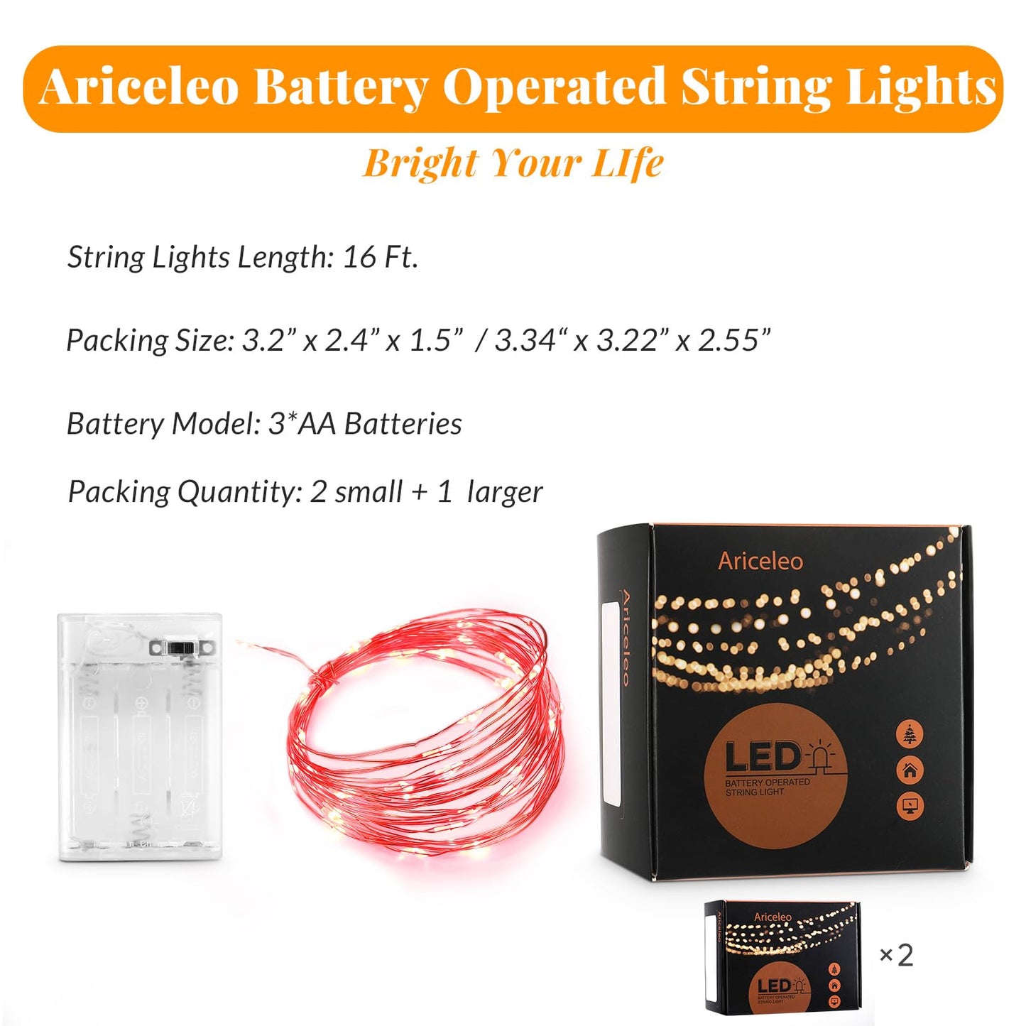Ariceleo LED Fairy Lights, 2 Pack Mini Battery Powered Copper Wire, 5m/16ft, Red, Model MRSXD-RD-5M-2, Ideal for Bedroom and
