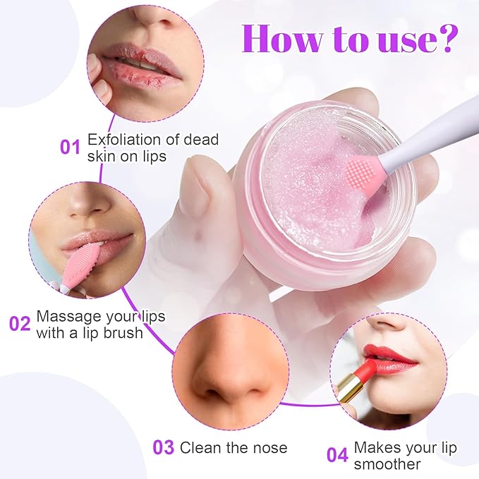 4pcs Lip Scrub Brush, Silicone Lip Exfoliator Brushes Scrubber Tool, Double-Sided Lip Cleaning Exfoliating Remove Dead Skin Tool for Men Women Dark Lips- Pink & Green & Blue & Yellow