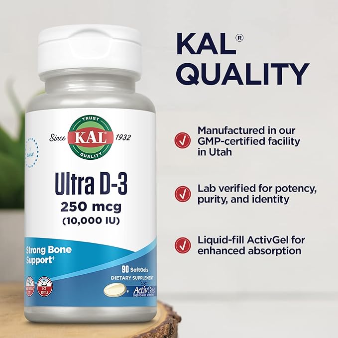 KAL Ultra Vitamin D3 10000 IU Softgels (250 mcg), High Potency Vitamin D, Calcium Absorption, Bone Health and Immune Support Supplement, Liquid Filled ActivGels, Made Without Soy, 90 Serv, 90 Softgels