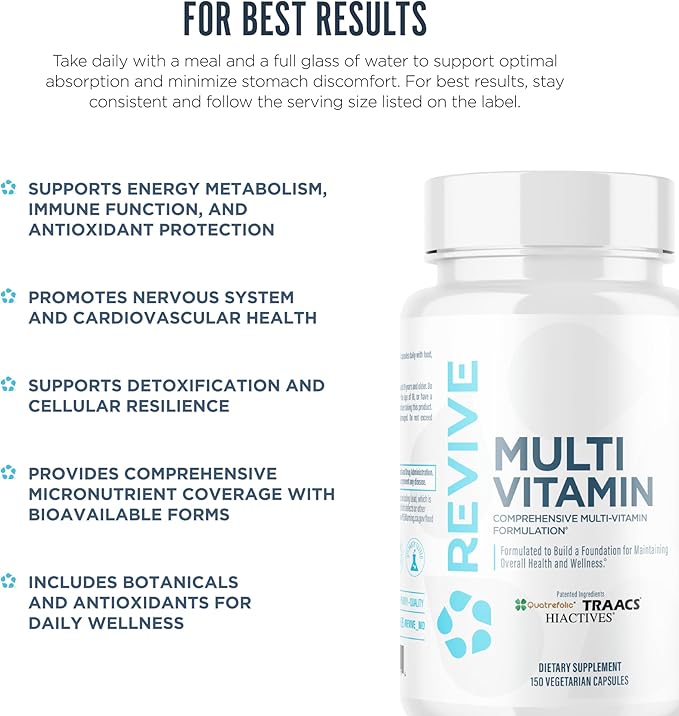 Revive MD Multi-Vitamin Supplement for Men & Women - Comprehensive Multivitamin Supports Energy, Immunity & Overall Health with Essential Vitamins, NAC, Zinc, Magnesium & More - 60 Capsules