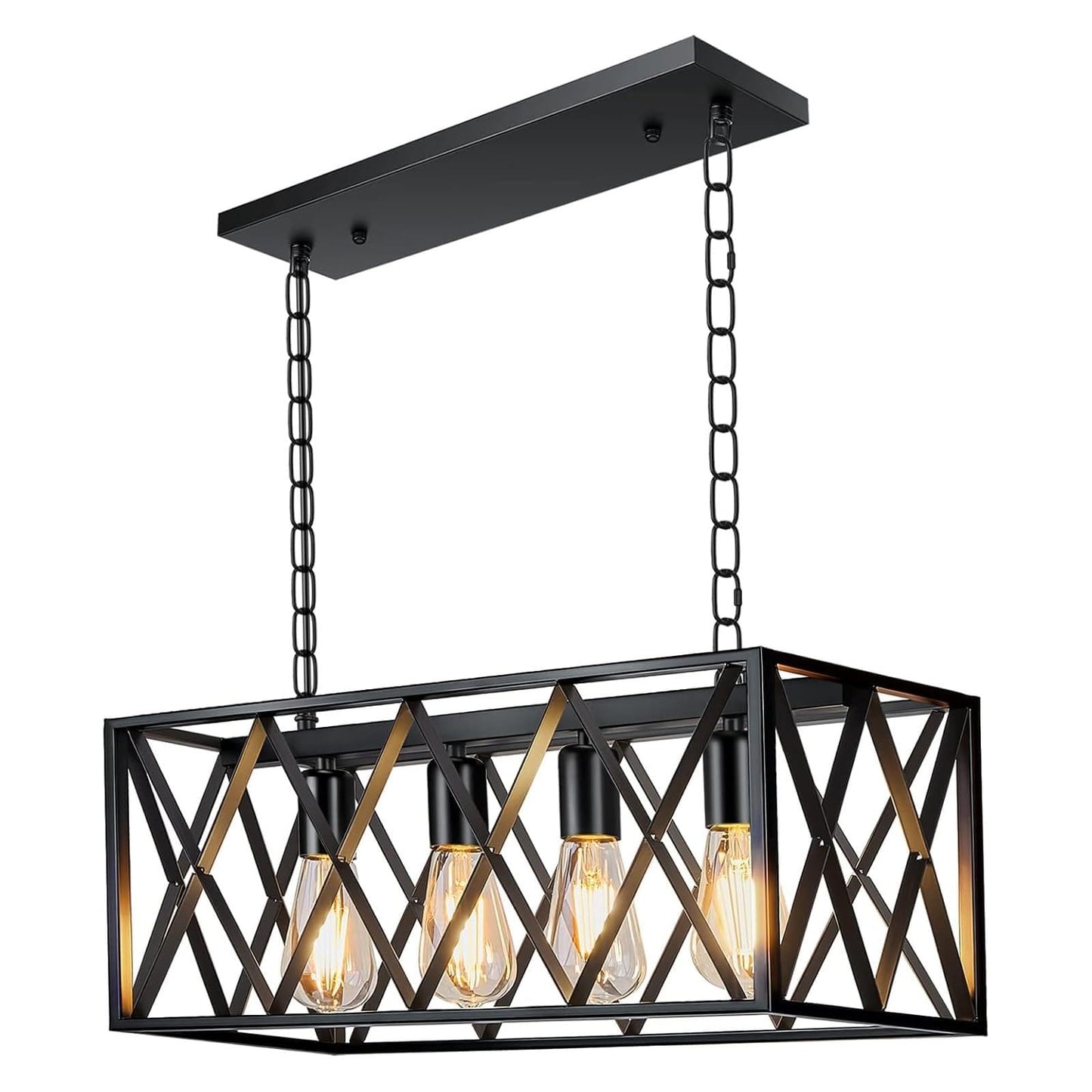 Pynsseu Industrial Kitchen Island Pendant Light, 4-Light, Rectangular, Metal, Black, Vintage Rustic