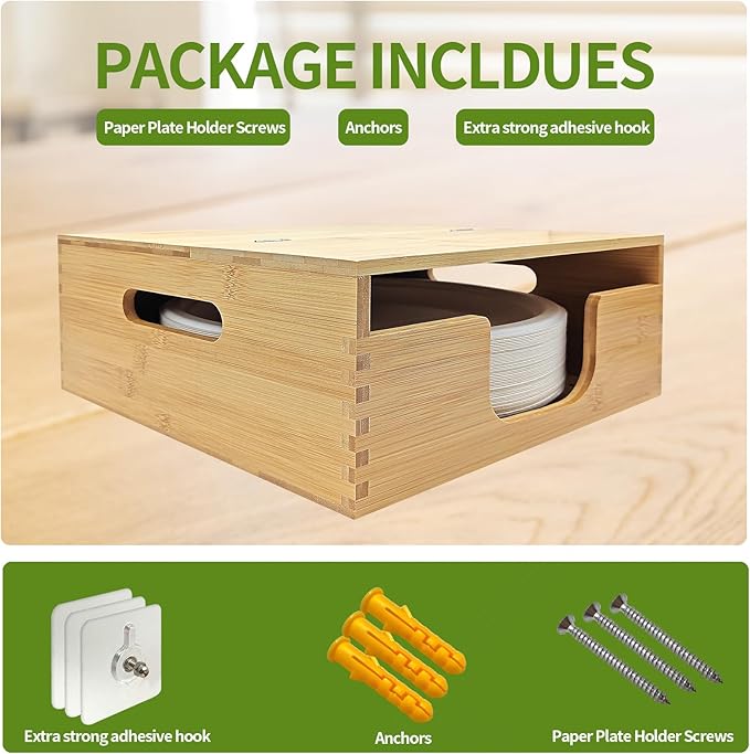 Bamboo Paper Plate Storage,Paper Plate Holders and Dispenser,fit for Kitchen Wall, Countertop and Under Cabinet 8-10in Plates