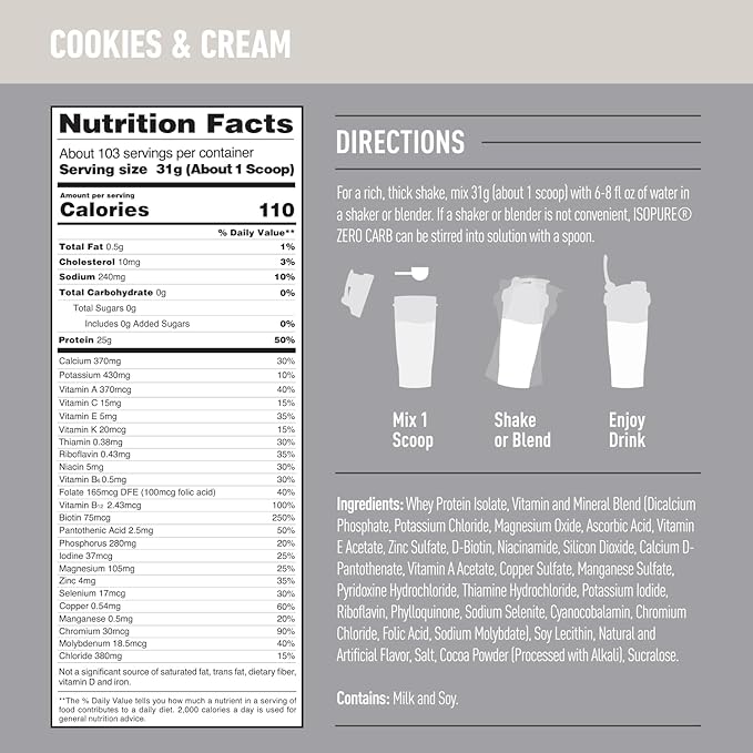 Isopure Zero Carb 100% Pure Whey Isolate Protein Powder, Lactose Free, Gluten Free, With Vitamins, Cookies & Cream, 25g Protein Per Serving, 7.5 Lbs, 110 Servings (Packaging May Vary)