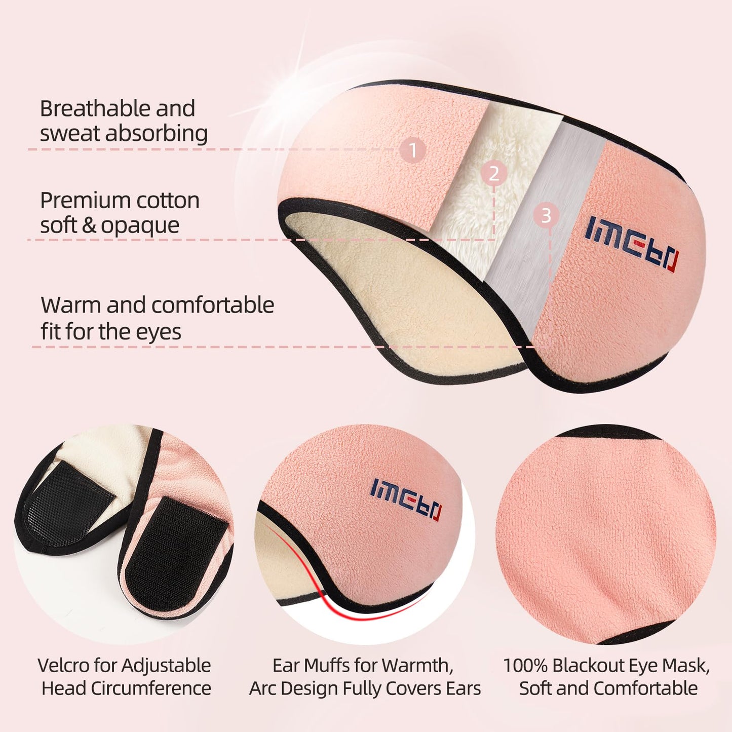 Plush Sleep Mask - Adjustable Headband, 2 in 1 Eye & Ear Mask for Men & Women, Soft Eye Cover for Side Sleepers (Pink)
