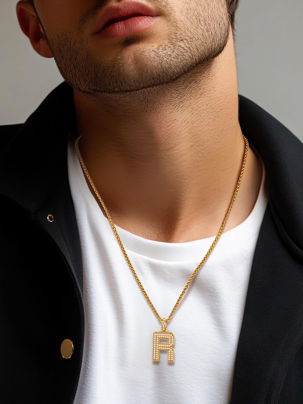 U7 Gold R Necklace Men 18K Gold Plated Chain Bling Hip Hop Costume Jewelry Full CZ Iced Letter Pendant Initial Necklace