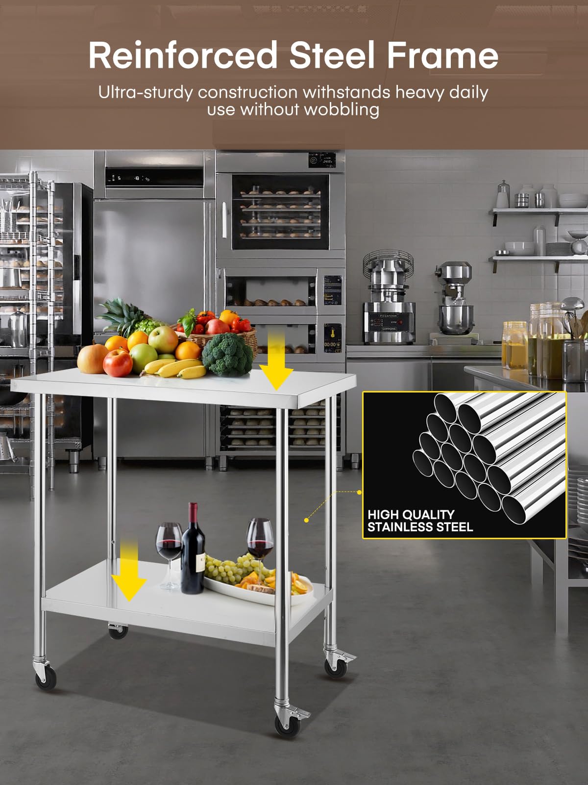 FOHERE Stainless Steel Table 36 x 24, with 4 Wheels, Two with Brakes, Prep Table for Commercial Restaurant, Home, Outdoor, Garden, Warehouse and Hotel