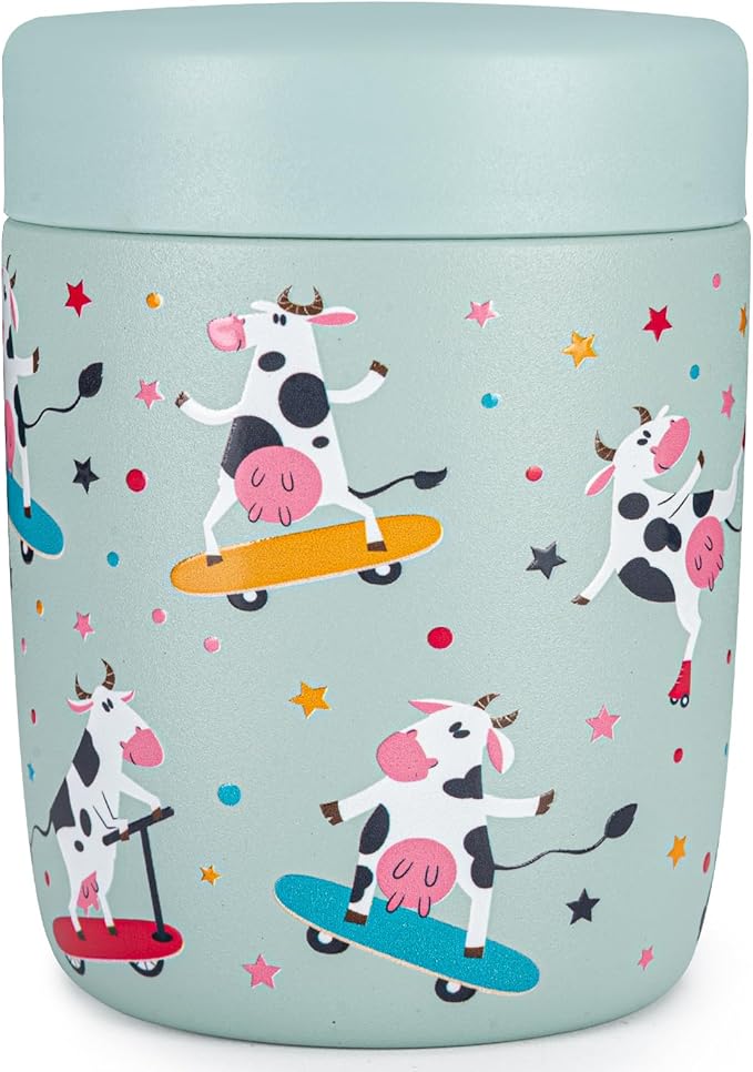 Charcy 9oz Stainless Steel Vacuum Insulated Kids Food Jar - Soup Thermo for Hot & Cold Food - Cyan Dairy Cow