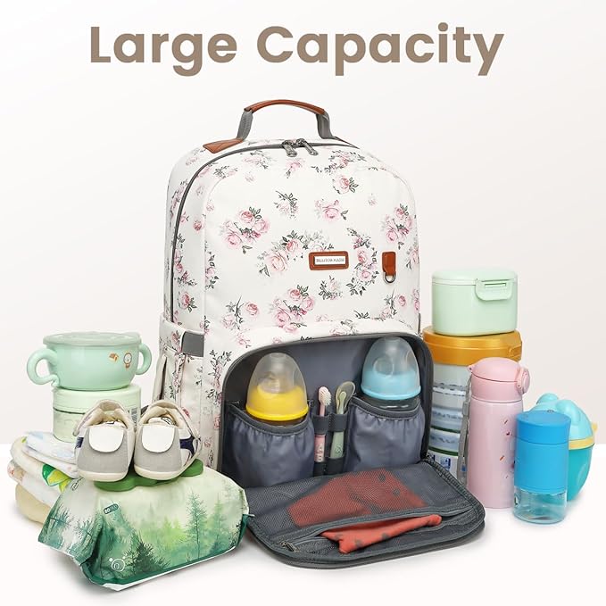 Diaper Bag Backpack, Large Baby Nappy Bags with Portable Changing Pad for Boys and GirlsMultifunction Travel Baby Bag for Moms Dads, Shower Gifts Waterproof and Stylish，Flower Beige