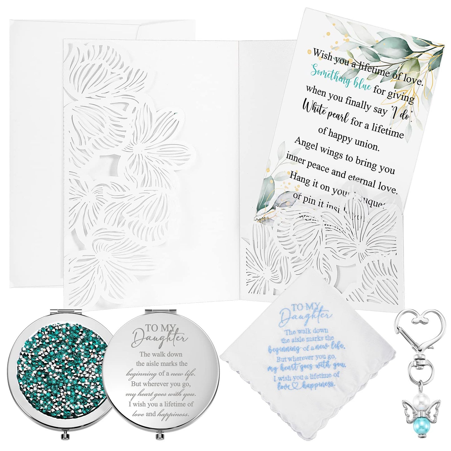 Unittype 5 Pcs Something Blue Gift for Bride Mother to Daughter Wedding Gifts, to My Daughter Handkerchief Blue Pearl Keychain C