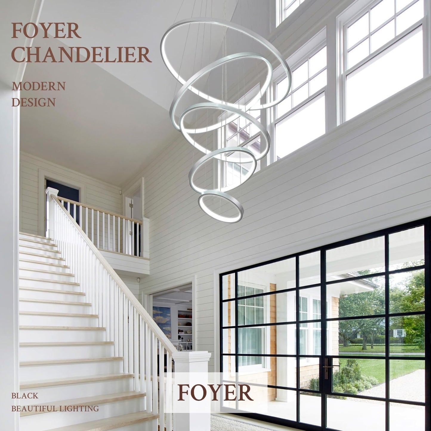 Sparklelf LED Chandelier, 5 Rings, Dimmable, 23.6in, Silver, Model P16-5SDC1, Modern Pendant Lighting for Foyer and Living Room