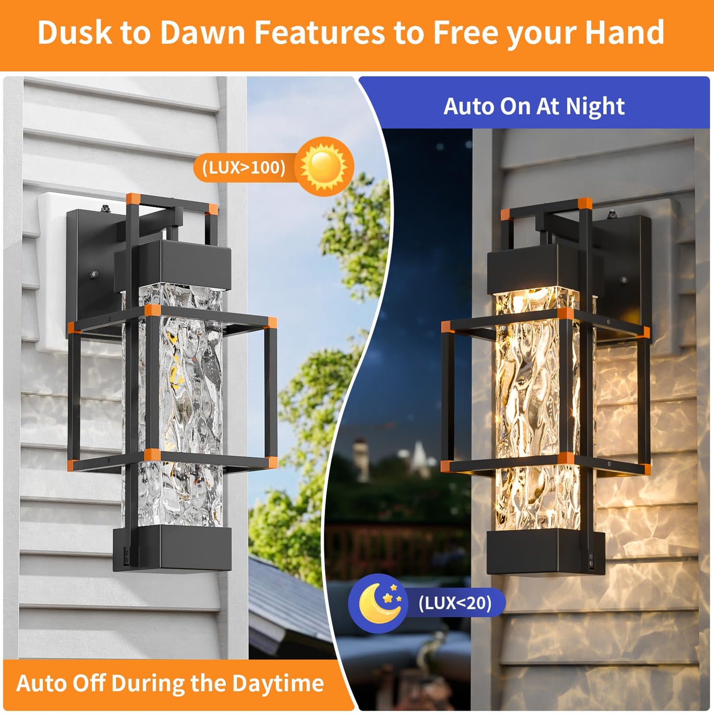 Hotsonic 1 Pack Dusk To Dawn Outdoor Porch Light Fixtures Wall Mount  14 Dimmable Exterior Lighting For Outside  Waterproof Wall Lantern Lamps  Orange Sconce Coach Lights For House  Garage