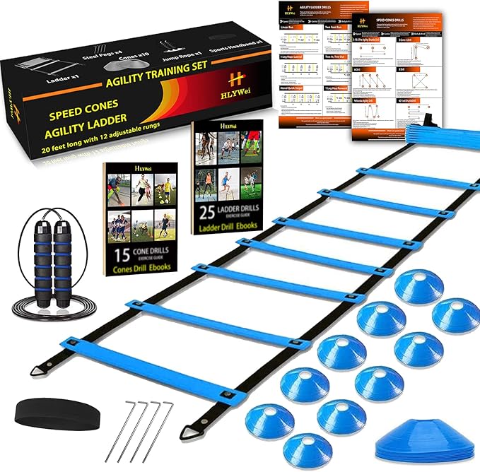 HLYWEI Speed Agility Training Set, Includes 1 Agility Ladder, 4 Steel Stakes, 1 Sports Headband,1 Jump Rope, 10 Disc Cones...