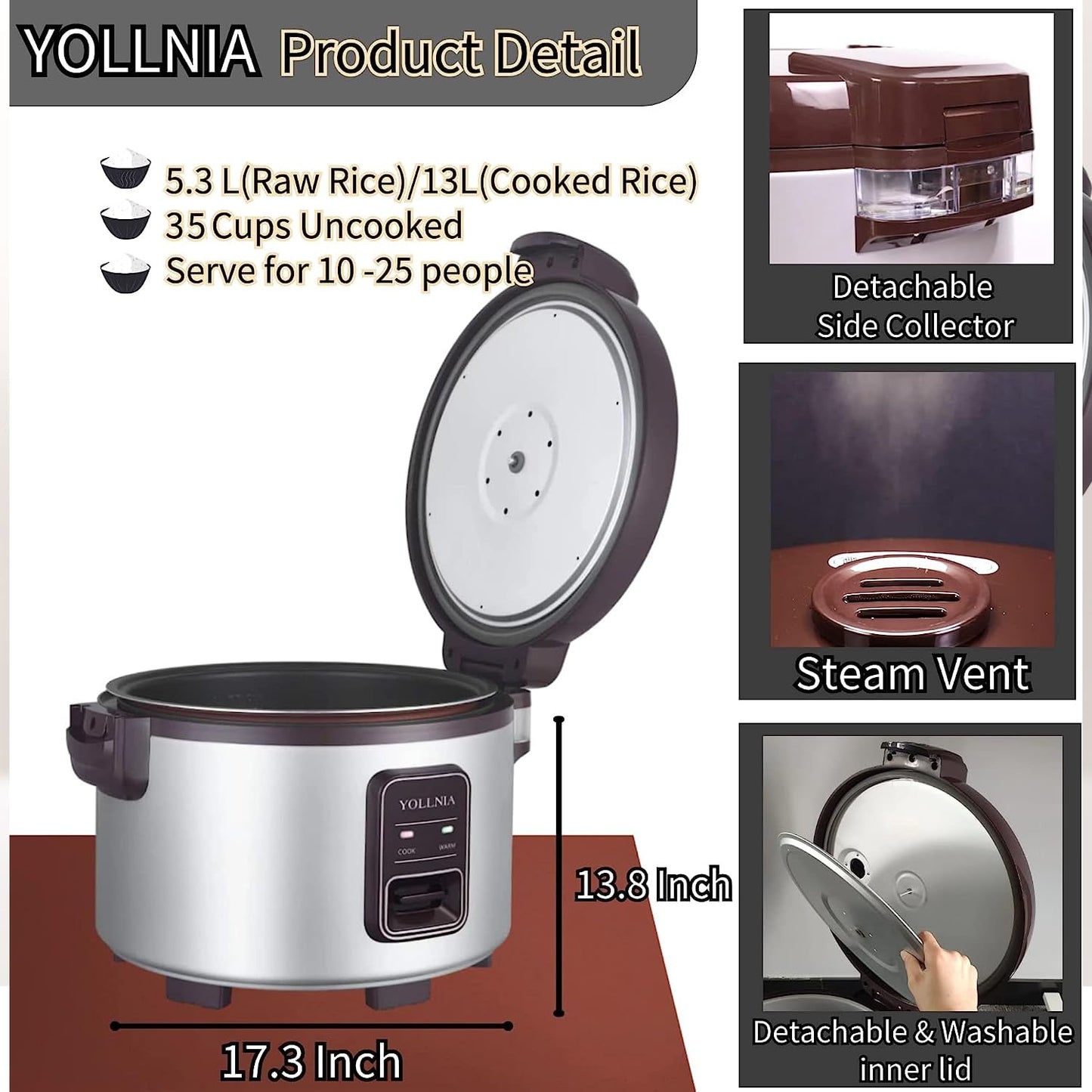 YOLLNIA Commercial Large Rice Cooker & Food warmer | 13.8QT/65 Cup cooked rice | Non-stick Inner Pot |Auto Warmer Mode |1350W Fast Cooking
