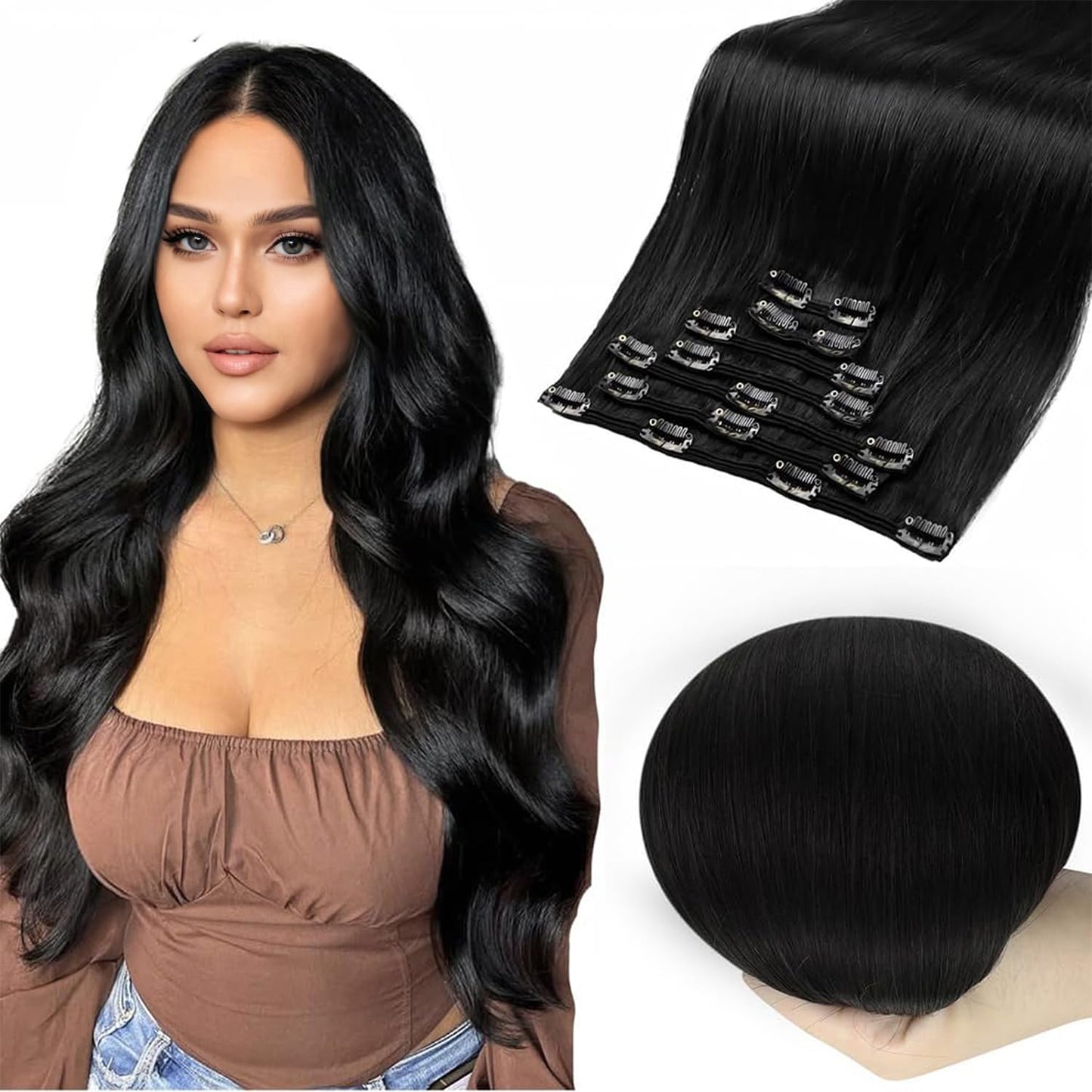 Full Shine Black Clip in Hair Extensions, Clip ins Real Human Hair for Black Women 14 Inch, Silky Straight Remy Hair Extensions,