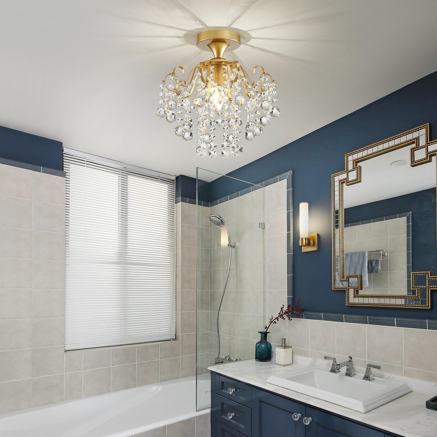 Wuzups Crystal Chandelier Flushmount Ceiling Light Modern Lighting Fixture For Bedroom Hallway Bar Kitchen Bathroom  H 13.4 X W 12.6  E26 Base  Gold