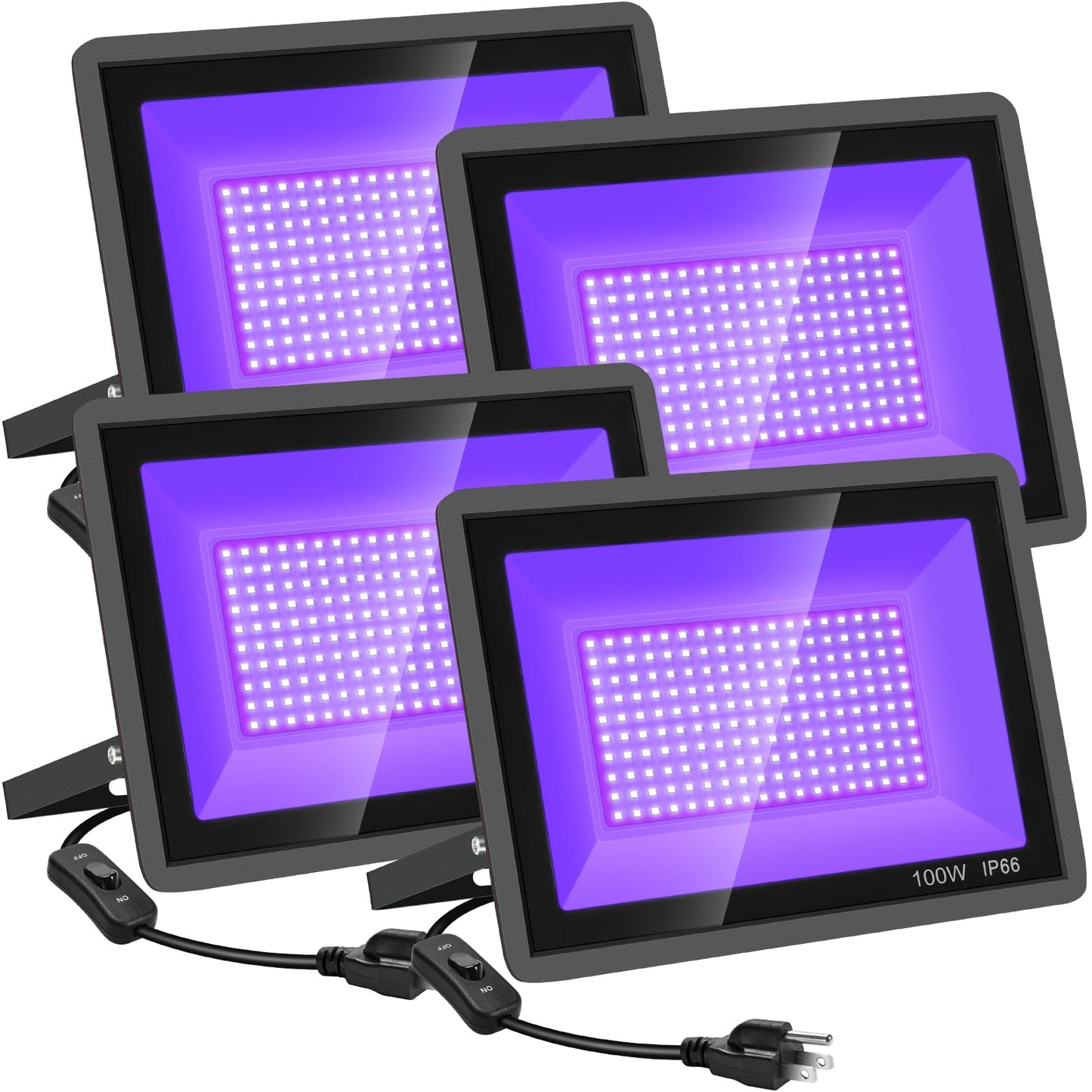 YANYCN 4 Pack 100W LED Black Lights, Blacklight Flood Light with Plug and Switch, 120VAC IP66 Waterproof Blacklight for Halloween Party, Glow in The Dark, Stage Light, Body Paint, Neon Glow