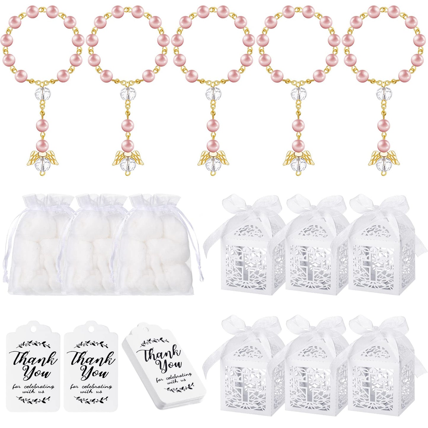 100 Pieces Baptism Rosary Sets Includes 25 Mini Baptism Rosary with Angel, 25 Favor Boxes, 25 Organza Bags and 25 Thank Kraft Ta