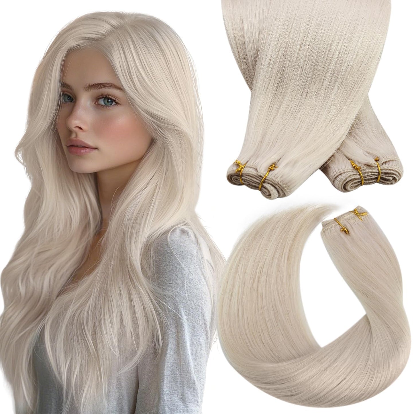 Sunny Hair 24 Inch Weft Hair Extensions Human Hair Platinum Blonde Long Hair Weft Human Hair Extensions Sew in Bundle Human Hair