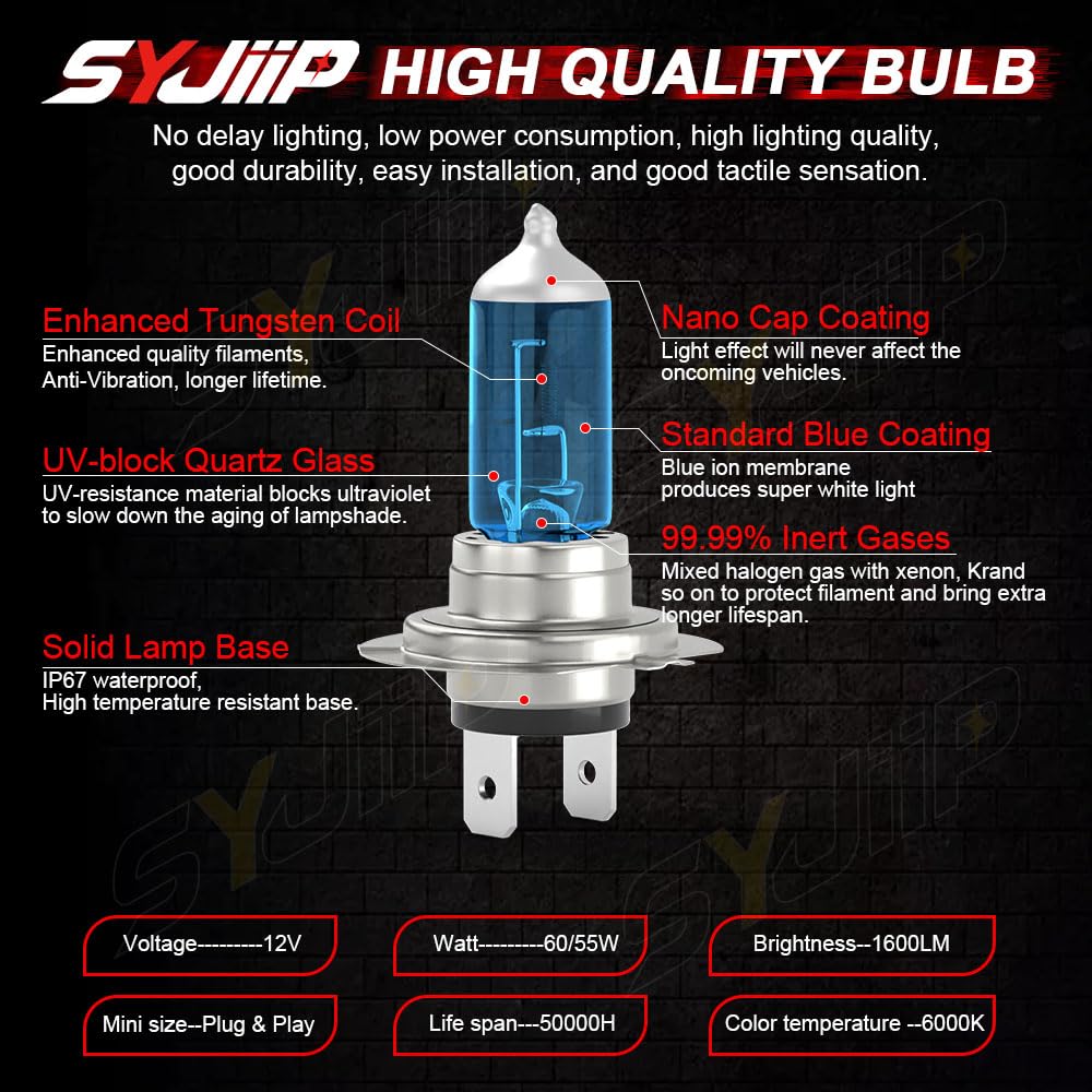 Syjiip Upgraded Halogen Headlight Bulbs Compatible For Kia Forte 2017 2018 2019 2020 2021  9005 H7 High Low Beam Halogen Headlamp Lights  Plug N Play  6000K White Bright  300% Brightness  4-Pack