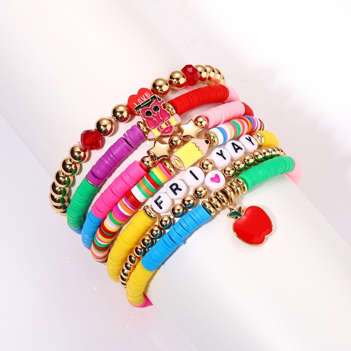 XOCARTIGE Teacher Bracelets for Women Stackable Teacher Heishi Clay Bracelet Colorful Beaded Strech Bracelets Teacher Accessorie