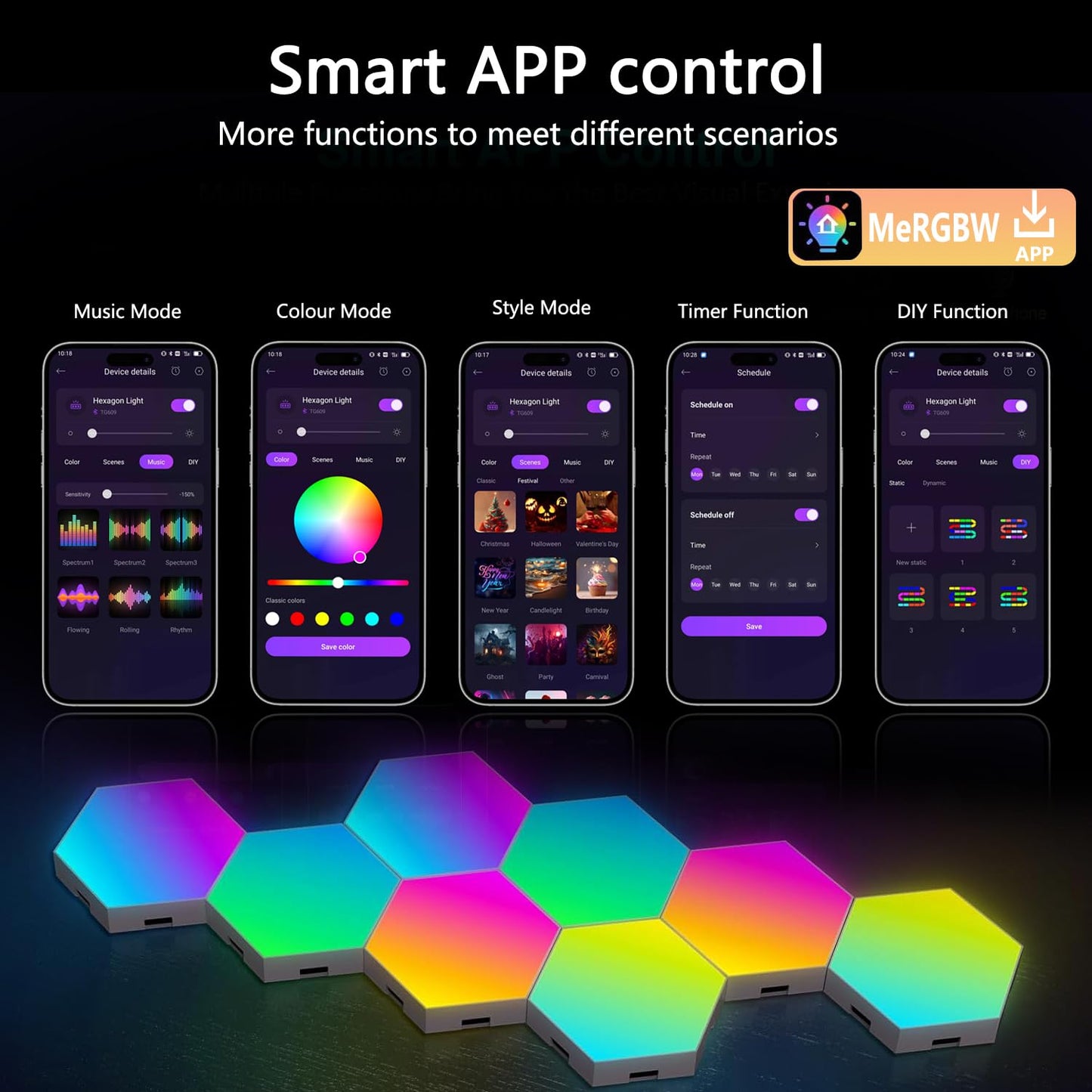 Zwzasm RGB Hexagon Wall Lights, 8 Pack Smart LED Panel Lights with App & Remote, Music Sync, DIY Shapes for Living Room, Bedroom, Gaming Room