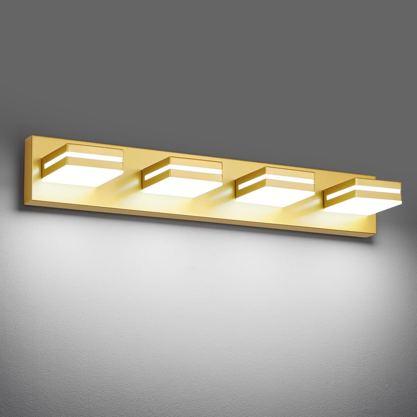 Jzekvn Modern Led Bathroom Lights Fixtures(4-Light) Metal Gold Acrylic Wall Lighting Vanity Lights For Bathroom Over Mirror(6000K 27In