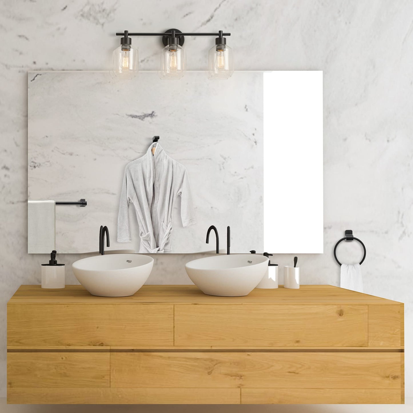 Globe Electric Cannes 5-Piece Bathroom Set, Matte Black, Metal, 3-Light Vanity Light, 11.75 inches, Model 65556