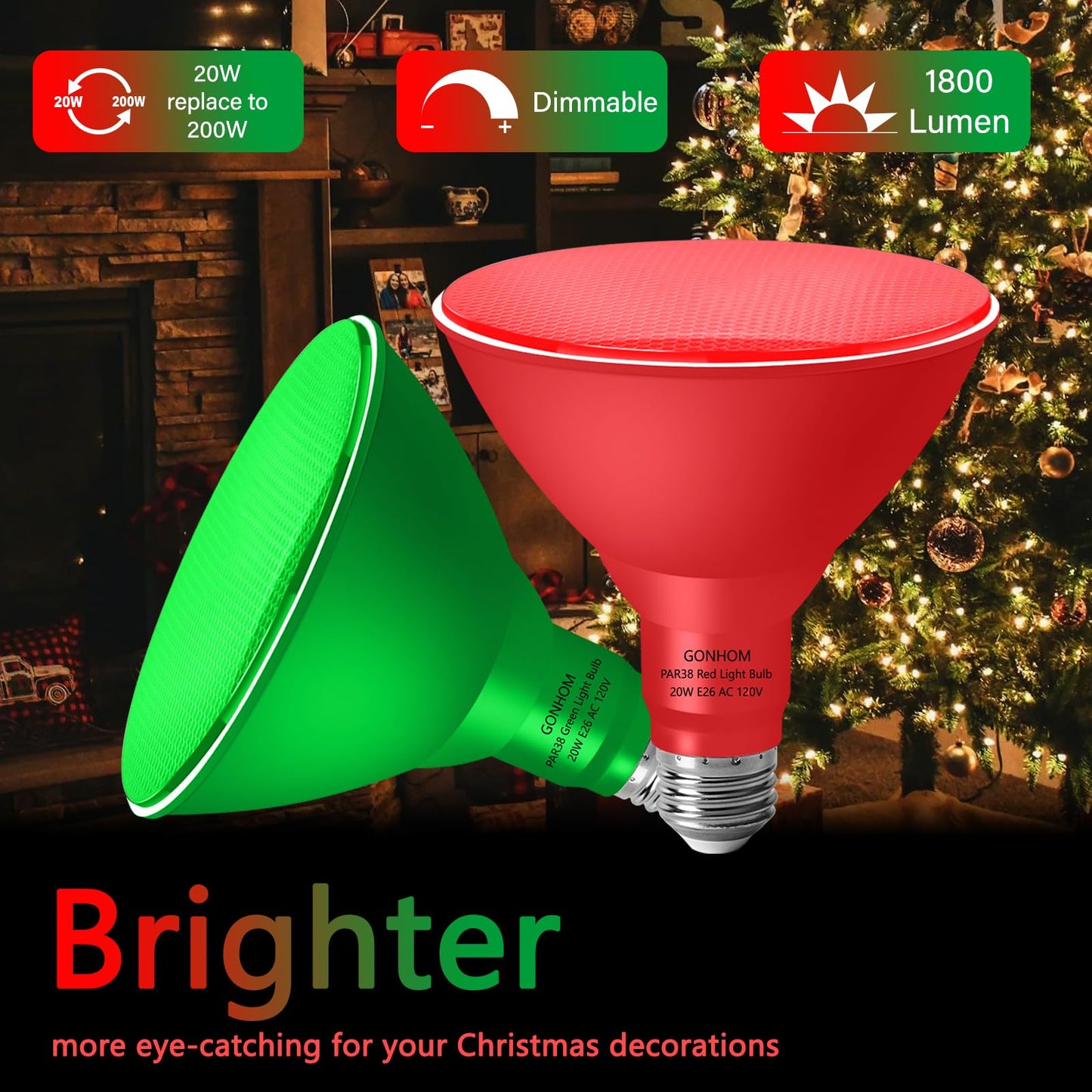 Gonhom Par38 Flood Lights Outdoor Dimmable Led Flood Light Bulbs 20W(Equivalent To 200W) E26 Base Outdoor Porch Holiday Lighting Led Flood Light Bulb For Halloween Christmas 4 Pack Red Green