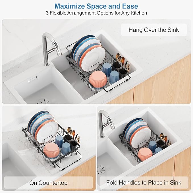 iSPECLE in Sink Dish Drying Rack with Silicone Sink Protector - Expandable Capacity Dish Drainer with Utensil Holder, 12.4"-17.1" L x 12.8" W, Black
