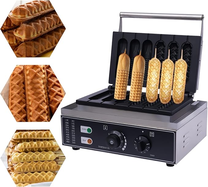 1550W Corn Dog Waffle Maker, 6 Grid 2 Shapes Non-Stick Hot Dog Machine with Temp & Time Control, Countertop Waffle Pop Maker for Restaurant Bakery Snack Bar Family