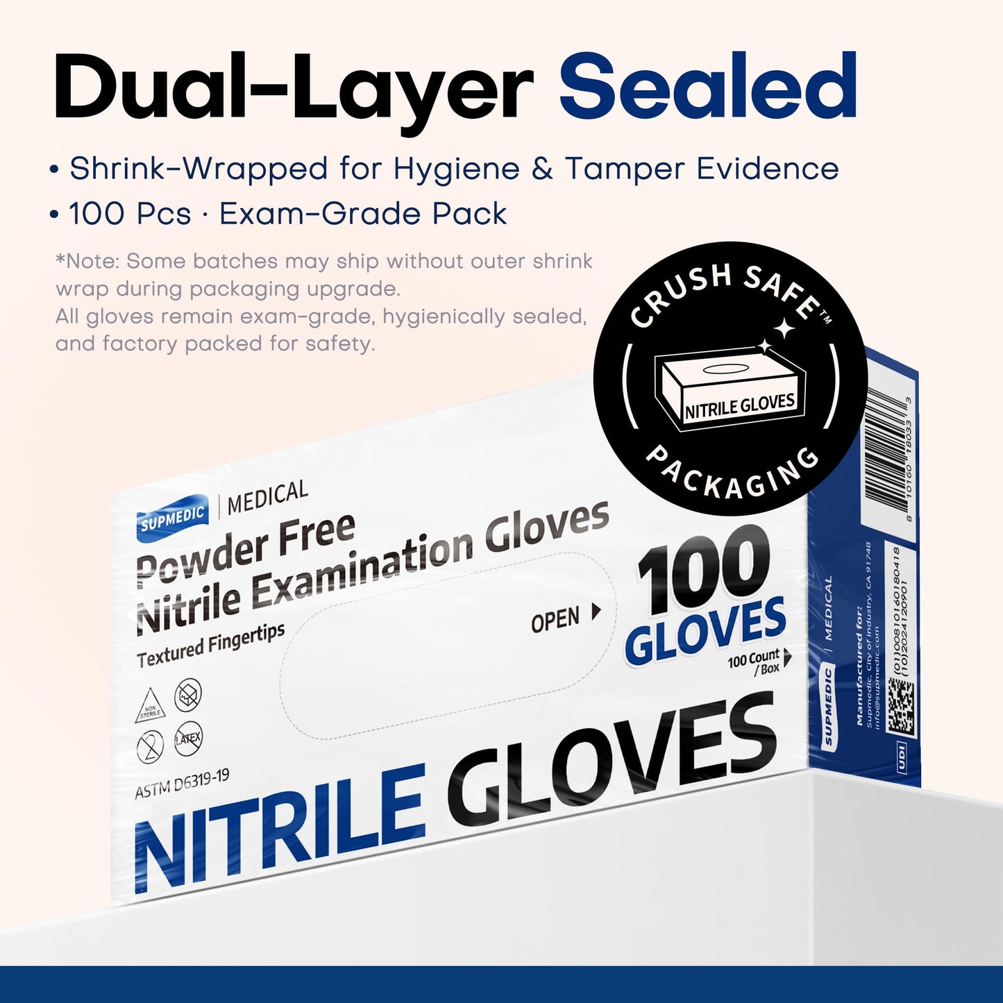 Supmedic Disposable Nitrile Gloves, Chemical Resistant, Powder-Free, Latex-Free, Food Safe, Medical Exam Gloves, Black, Medium, 1000 Pcs