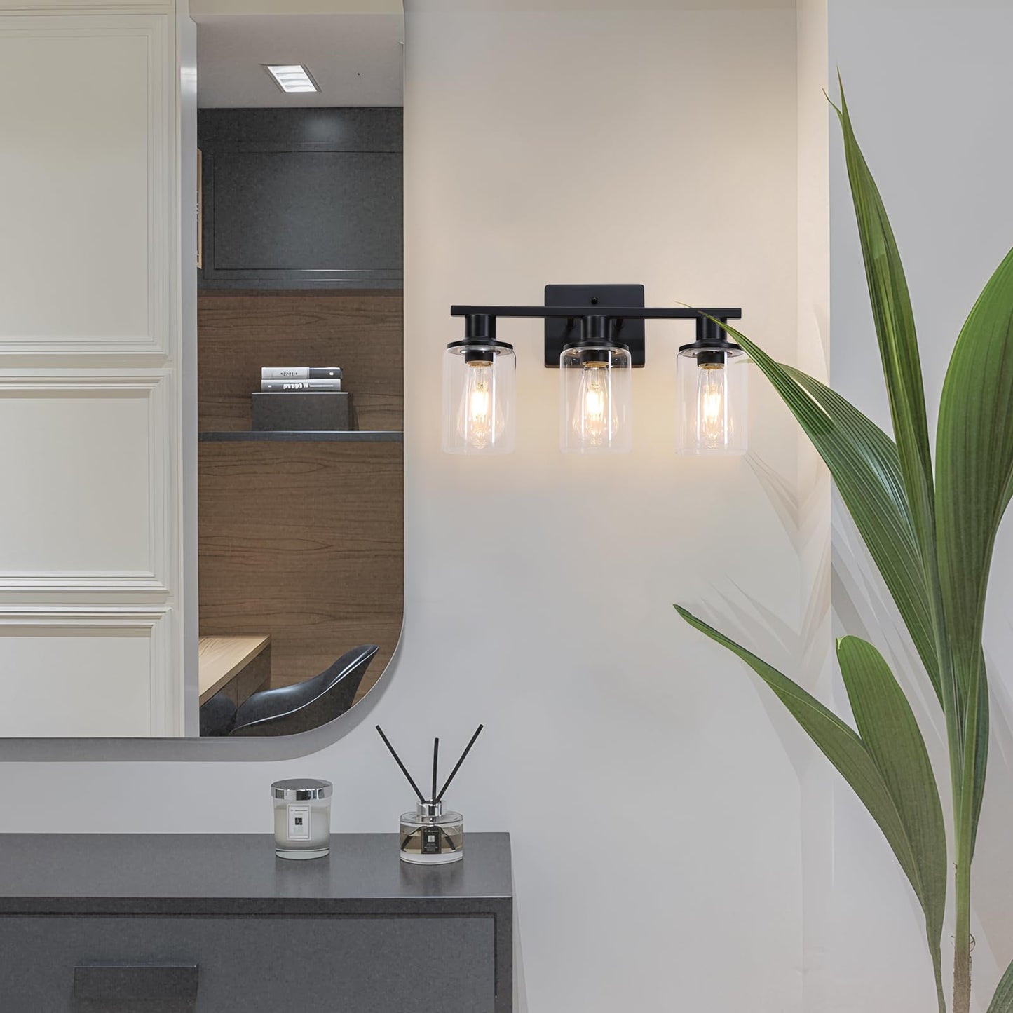 Matte Black Bathroom Light Fixtures Over Mirror 3-Light Bathroom Vanity Light With Clear Glass Shade Modern Farmhouse Wall Sconces Lighting For Mirror Kitchen Living Room Cabinet