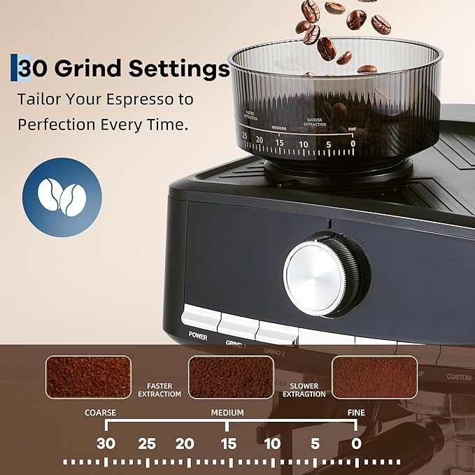 20 Bar Pressure Stainless Steel Espresso Machine with Grinder, 1.5l Removable Water Tank, Milk Frother Steam Wand for Latte and Cappuccino, Adjustable Shot Volume,Black