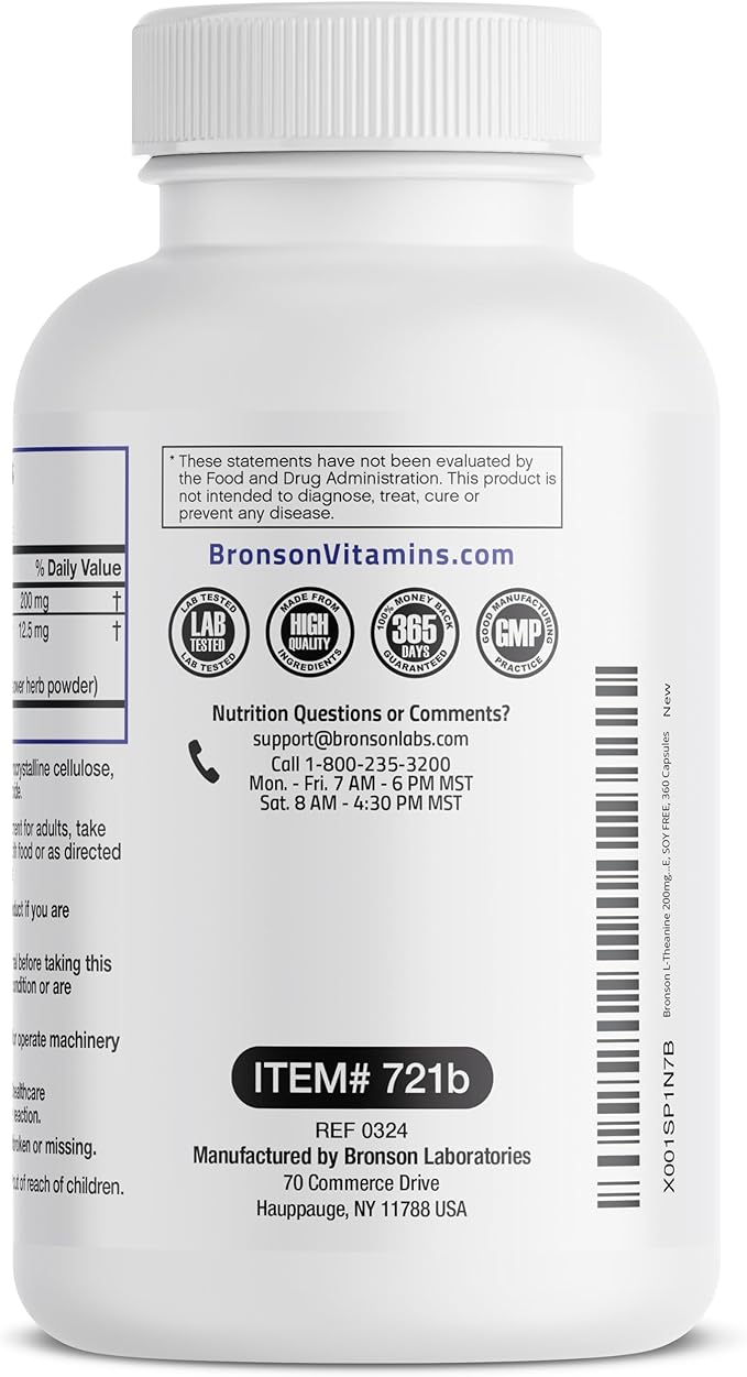 Bronson L-Theanine 200mg (Double-Strength) with Passion Flower Herb, Non-GMO Gluten-Free Soy-Free Stress Management Supplement, 360 Capsules