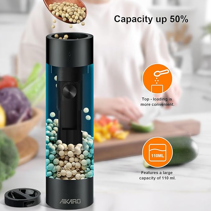 AIKARO - Electric Salt and Pepper Mill Automatic Spice Grinder, Rechargeable (Set)