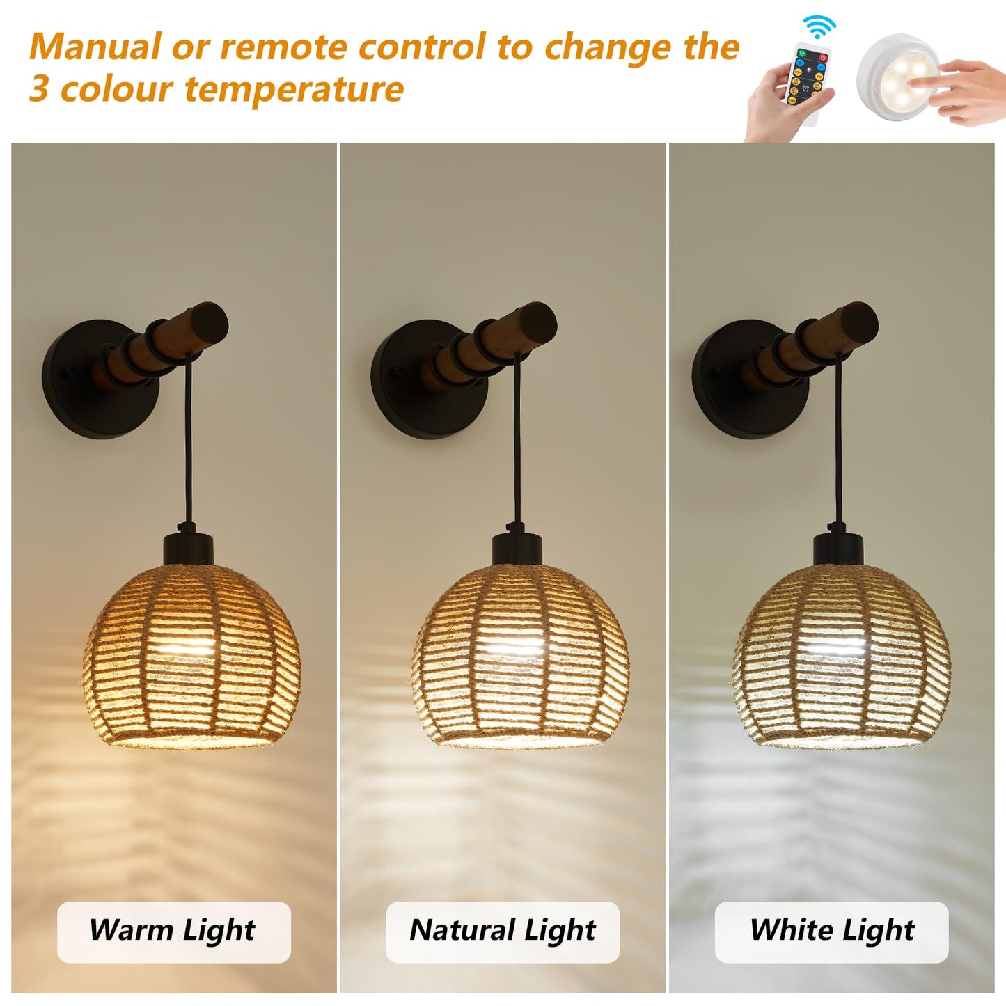 SGLfarmty Battery Operated Wall Sconces Set of 2, Dimmable Hemp Rope & Wooden Arm, Rechargeable, Remote Control, Farmhouse Style