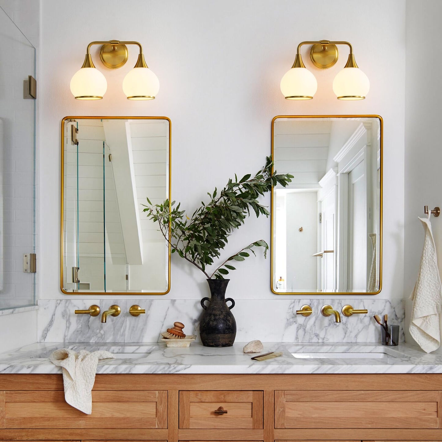 Hahzt Brushed Gold Bathroom Light Fixture, 2-Light Vanity Sconce, Milky White Frosted Glass Shade, Model 8033Ml