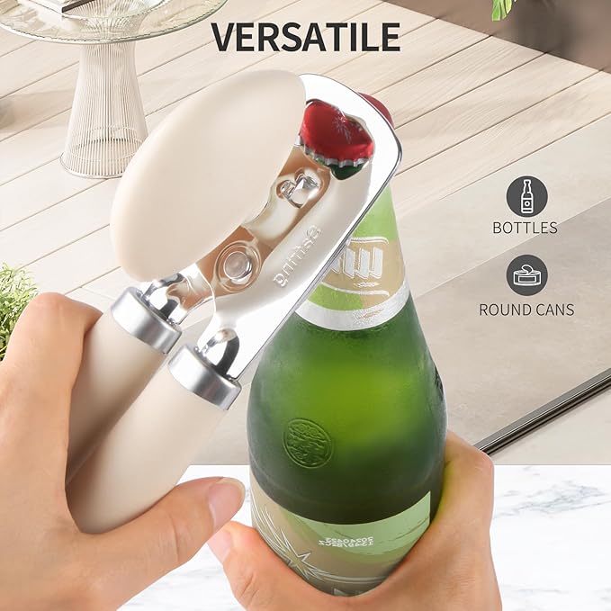 Can Opener Manual, Heavy Duty Stainless Steel Smooth Edge Can Opener With Soft Touch Handle, Oversized Handheld Easy Turn Knob, Multi-Function Bottle Opener, Beige