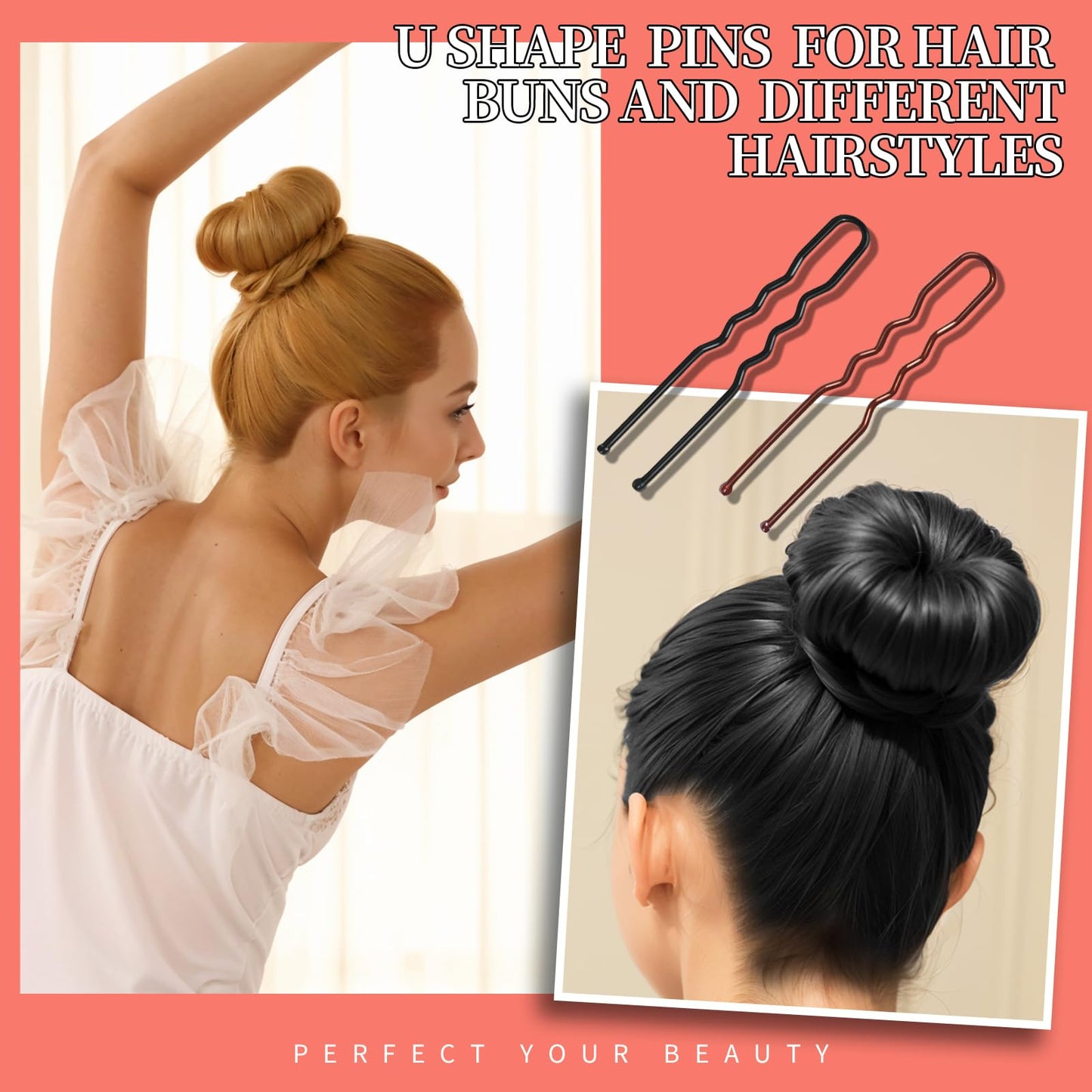 Teenitor 300pcs Bobby Pins Hair Pins, 100 Hair Pins 100 Bobby Pins Brown Hair Black for Women 100 Hair Bands 2inch 2.36inch 2.75