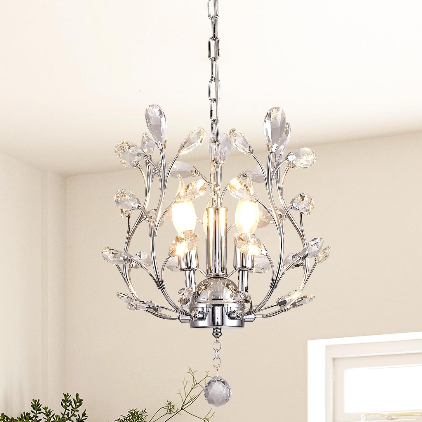 Ganeed 3-Light Branch Crystal Chandelier  Small Flush Mount Vintage Pendant Hanging Lighting  K9 Crystal Farmhouse Ceiling Light For Dining Room Bedroom Living Room Kitchen Hallway  Chrome Silvery