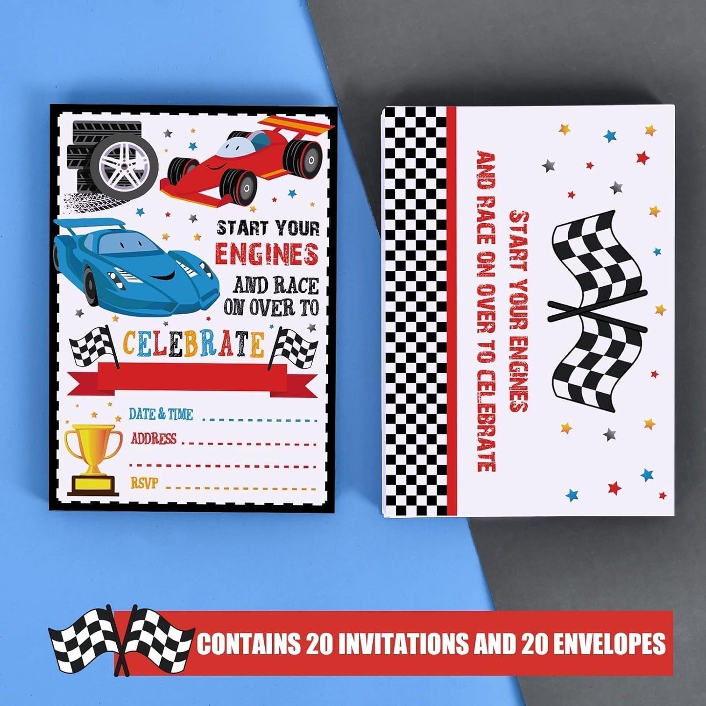 WERNNSAI 20 Count Racing Car Party Invitation - Race Car Birthday Invitation with Envelopes for Boys Kid Cars Party Supplies Racing Birthday Invite Cards Fill-in Style for Baby Shower Graduation Favor