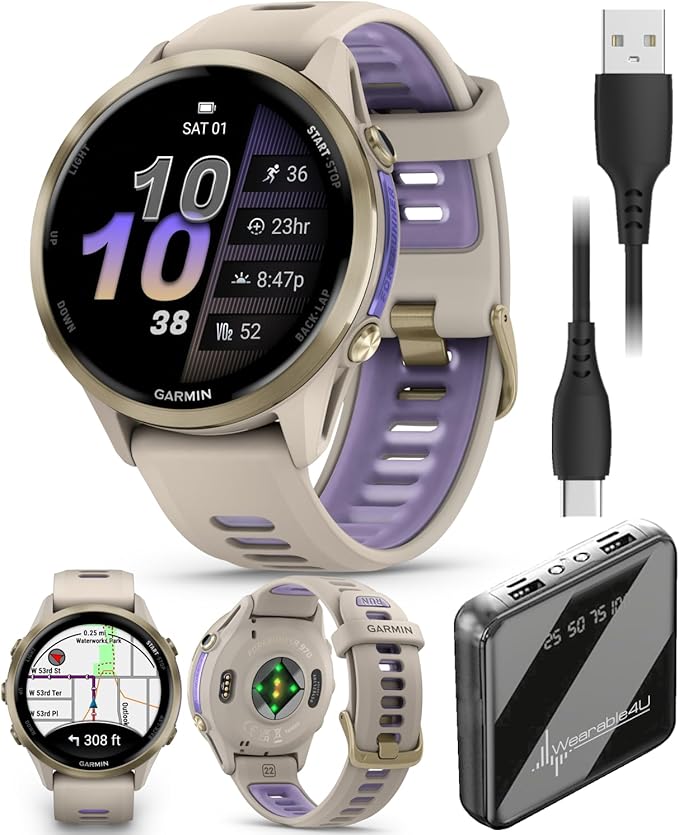 Wearable4U Garmin Forerunner 970 Soft Gold Titanium Smartwatch with French Gray Case and French Gray/Translucent Indigo Ba...