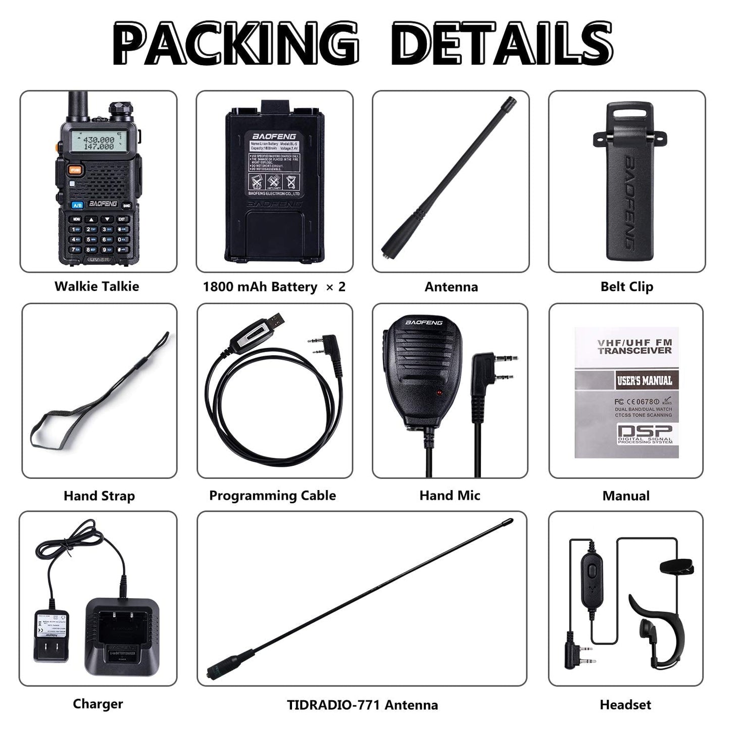 BaoFeng UV-5R 8 Watt Ham Radio BaoFeng Radio with Extra 1800mAh Battery and 771 Antenna Dual Band Ham Radio Handheld Includes Full Kit Walkie Talkie