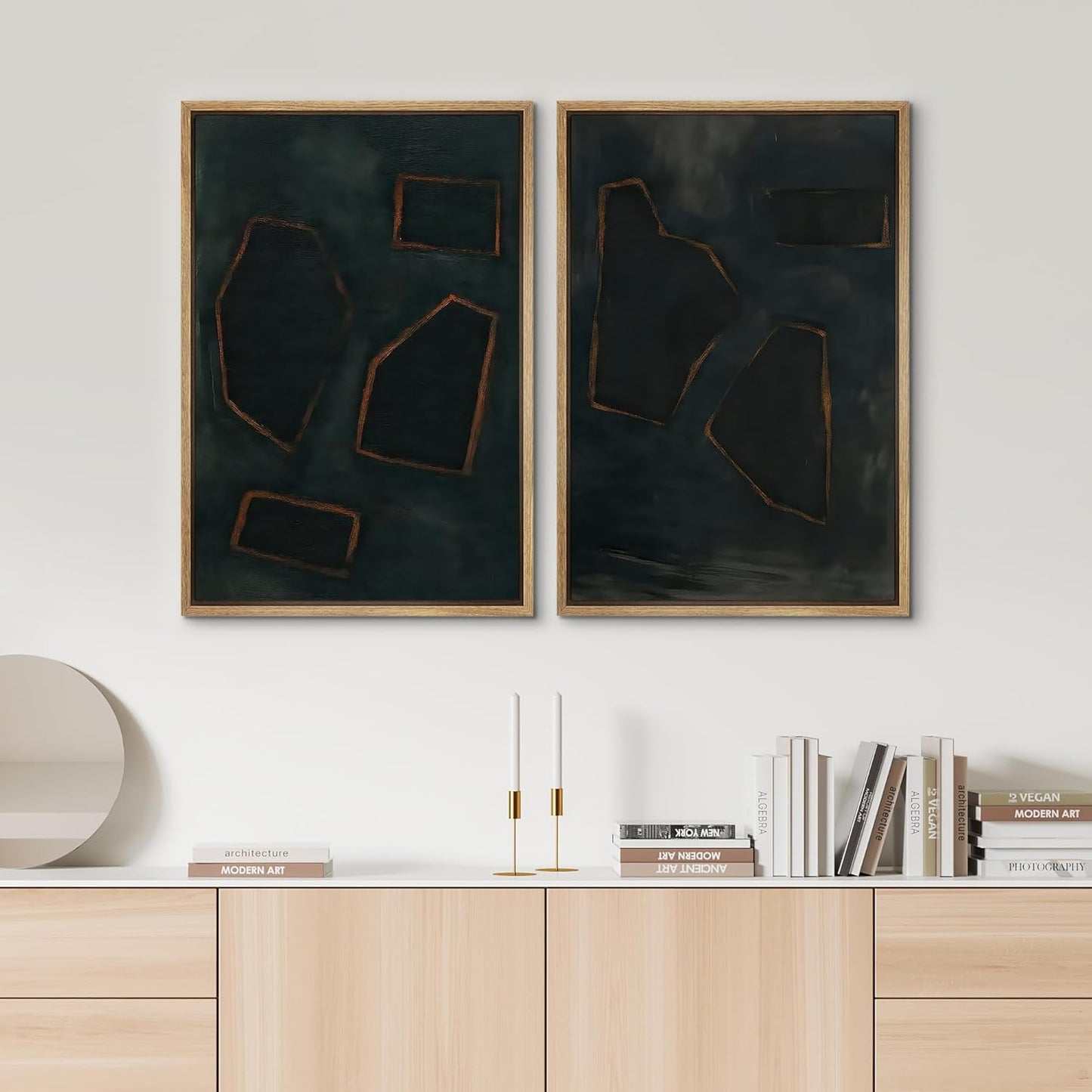 SIGNWIN Framed Wall Art Print Set Dark Geometric Abstract Modern Minimalist Shapes Illustrations Modern Art Rustic Relax/Calm Multicolor for Living Room, Bedroom, Office - 24"x36"x2 NATURAL