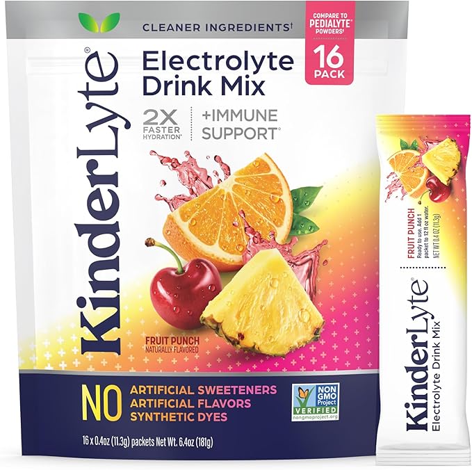 Kinderlyte Electrolyte Powder for Kids and Adults - Drink Mix Hydration Packets (Fruit Punch, 16 Count), No Artificial Swe...