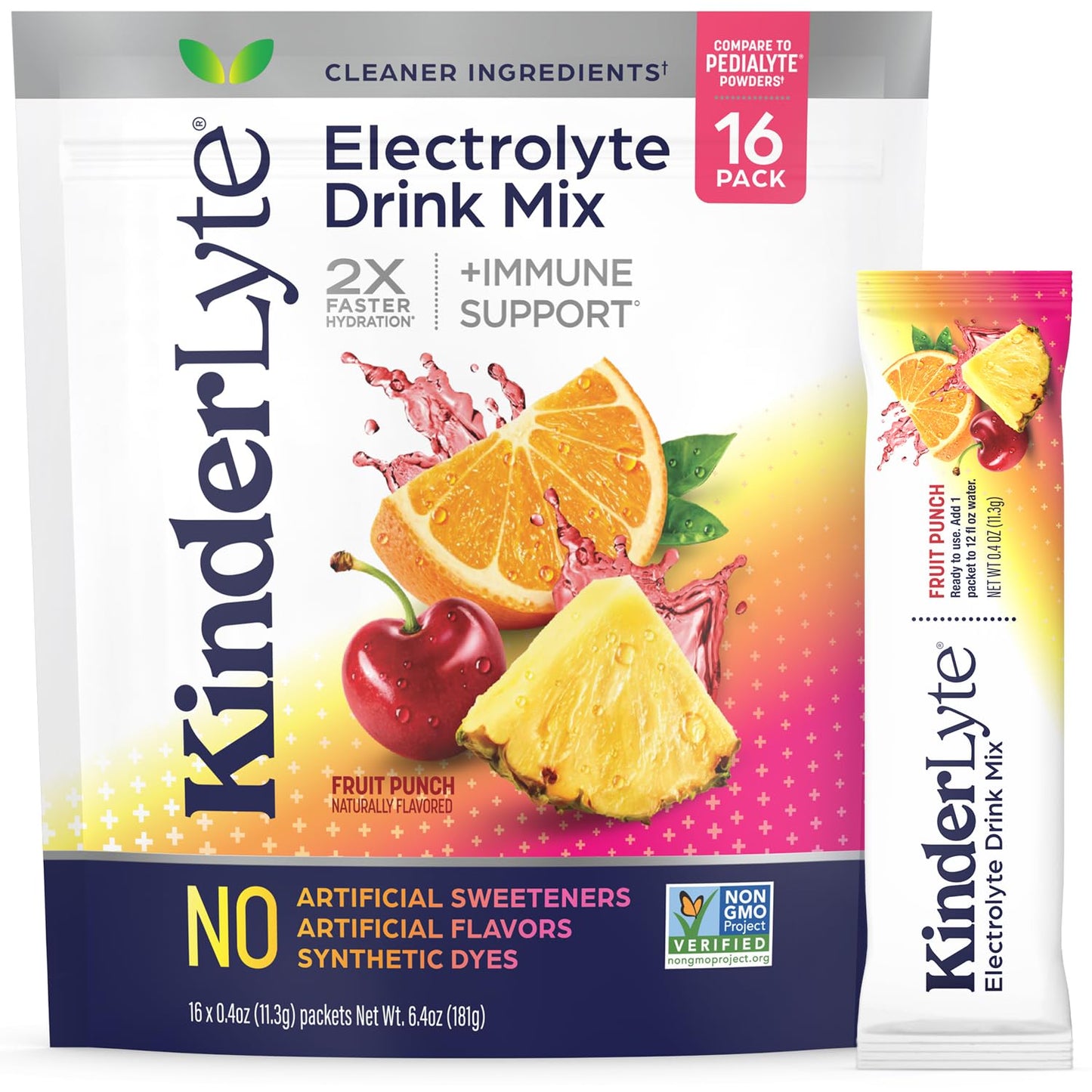 Kinderlyte Electrolyte Powder for Kids and Adults - Drink Mix Hydration Packets (Fruit Punch, 16 Count), No Artificial Sweetener