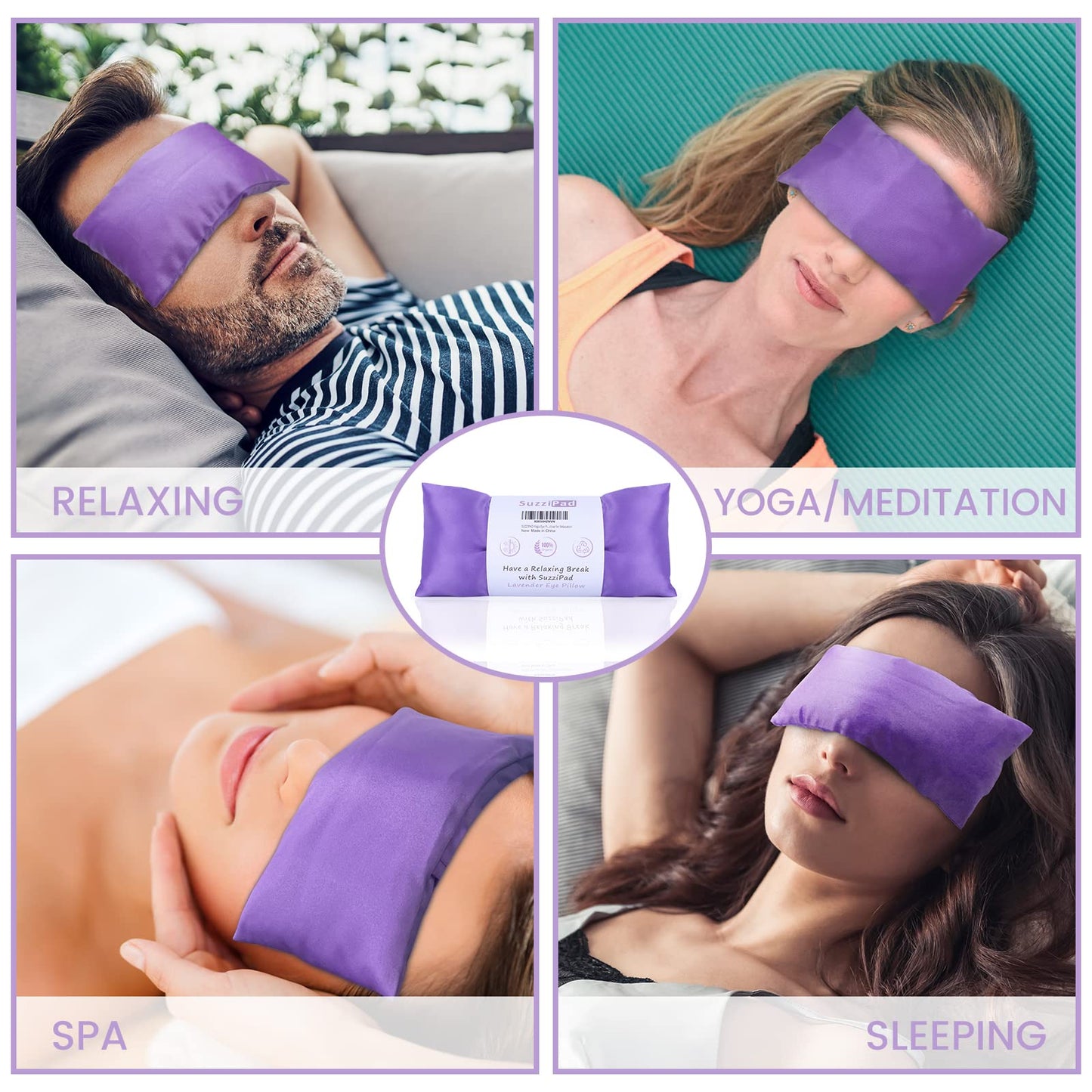 SuzziPad Lavender Eye Pillows for Relaxation with Aromatherapy, Weighted Mask for Sleeping, Hot & Cold Therapy Compress for Dry Eyes, Yoga Meditation Pillow, Purple, 4 Packs